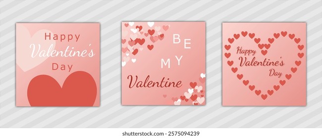 Valentine's Day abstract background with hearts pattern and text. set of modern design vector template en pink. for cover, poster, banner, backdrop, greeting, invitation, brochure, social media square