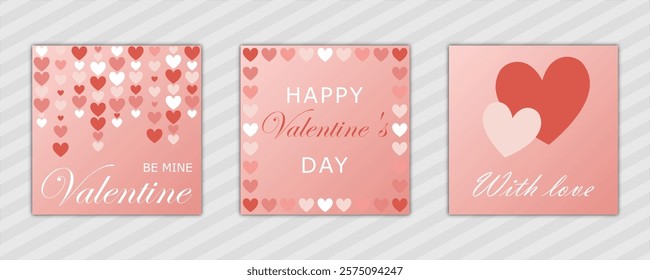 Valentine's Day abstract background with hearts pattern and text. set of modern design vector template en pink. for cover, poster, banner, backdrop, greeting, invitation, brochure, social media square