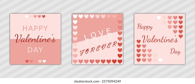 Valentine's Day abstract background with hearts pattern and text. set of modern design vector template en pink. for cover, poster, banner, backdrop, greeting, invitation, brochure, social media square