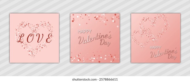 Valentine's Day abstract background with hearts pattern and text. set of modern design vector template en pink. for cover, poster, banner, backdrop, greeting, invitation, brochure, social media square