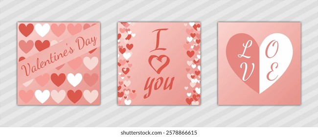 Valentine's Day abstract background with hearts pattern and text. set of modern design vector template en pink. for cover, poster, banner, backdrop, greeting, invitation, brochure, social media square