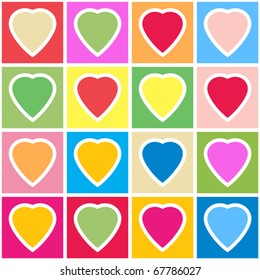 Valentine's day abstract background with multicolor hearts on grid. Seamless pattern. Vector illustration.