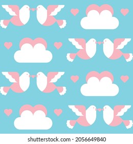 Valentine's day abstract background with pairs of flying doves and clouds. Romantic love pattern. Texture, ornament for wallpaper, wrapping paper, textile, fabric, event decoration