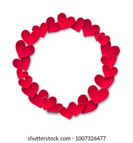 Valentine's Day abstract background with paper art origami style hearts frame. Pink hearts border isolated on white. Vector illustration 