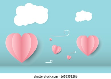 Valentine's day abstract background with paper cut heart, clouds, wind. Vector illustration.