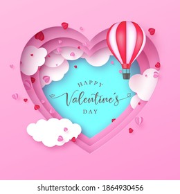 Valentines day abstract background with paper cut hearts, clouds, and hot aie balloon. Layered art. Vector illustration