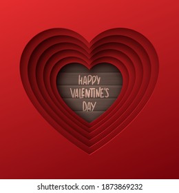 Fondo abstracto del día de San Valentín con papel cortado en el corazón. Caligrafía escrita a mano. Arte estratificado. Ilustración vectorial