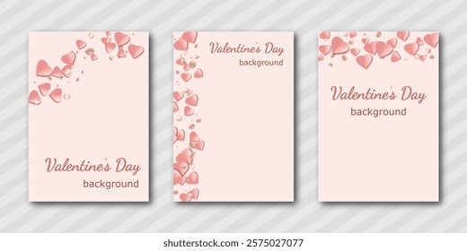 Valentine's Day abstract background with paper cut hearts and confetti. set of modern minimal design template en pink tones. for cover, poster, banner, backdrop, greeting, invitation, with copy space