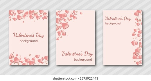 Valentine's Day abstract background with paper cut hearts and confetti. set of modern minimal design template en pink tones. for cover, poster, banner, backdrop, greeting, invitation, with copy space