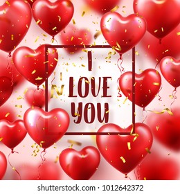 Valentine's day abstract background with red 3d balloons and golden confetti. Heart shape. February 14, love. Romantic wedding greeting card.Women's, Mother's day.
