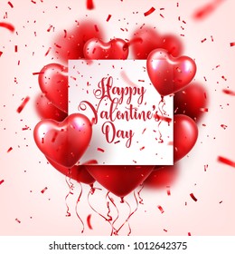 Valentine's day abstract background with red 3d balloons and confetti. Heart shape. February 14, love. Romantic wedding greeting card. Women's, Mother's day.