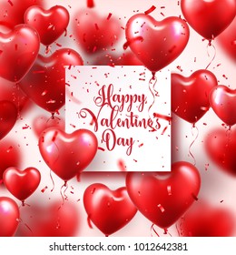 Valentine's day abstract background with red 3d balloons and confetti. Heart shape. February 14, love. Romantic wedding greeting card. Women's, Mother's day.