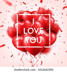 Valentine's day abstract background with red 3d balloons and confetti. Heart shape. February 14, love. Romantic wedding greeting card. Women's, Mother's day.