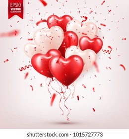 Valentine's day abstract background with red 3d balloons and confetti. Heart shape. February 14, love. Romantic wedding greeting card.Women's, Mother's day.