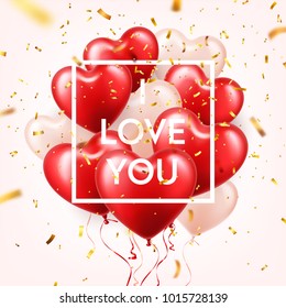 Valentine's day abstract background with red 3d balloons and golden confetti. Heart shape. February 14, love. Romantic wedding greeting card.Women's, Mother's day.
