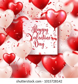 Valentine's day abstract background with red 3d balloons and confetti. Heart shape. February 14, love. Romantic wedding greeting card.Women's, Mother's day.