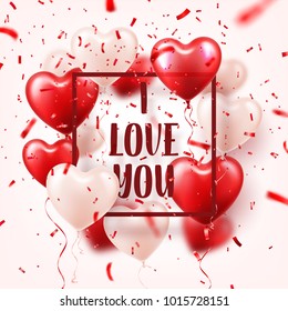 Valentine's day abstract background with red 3d balloons and confetti. Heart shape. February 14, love. Romantic wedding greeting card.Women's, Mother's day.