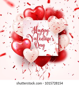 Valentine's day abstract background with red 3d balloons and confetti. Heart shape. February 14, love. Romantic wedding greeting card.Women's, Mother's day.