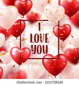Valentine's day abstract background with red 3d balloons and golden confetti. Heart shape. February 14, love. Romantic wedding greeting card.Women's, Mother's day.