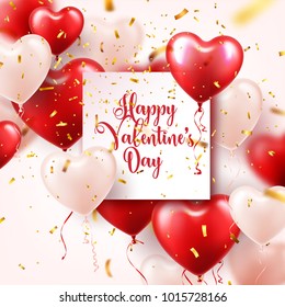 Valentine's day abstract background with red 3d balloons and golden confetti. Heart shape. February 14, love. Romantic wedding greeting card.Women's, Mother's day.