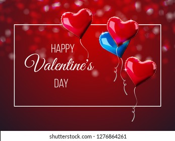 Valentine's day abstract background with red 3d heart-shaped balloons. Vector holiday illustration. Happy Valentine's Day greeting lettering