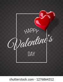 Valentine's day abstract background with red 3d heart-shaped balloons. Vector holiday illustration. Happy Valentine's Day greeting lettering