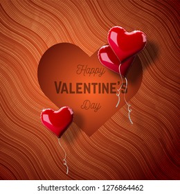 Valentine's day abstract background with red 3d heart-shaped balloons. Vector holiday illustration. Happy Valentine's Day greeting lettering