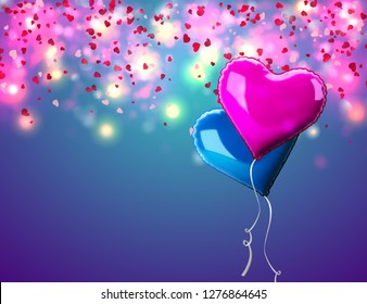 Valentine's day abstract background with red 3d heart-shaped balloons. Vector holiday illustration. Happy Valentine's Day