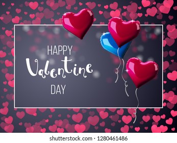 Valentine's day abstract background with red 3d heart-shaped balloons. Vector holiday illustration. Happy Valentine's Day greeting lettering