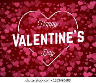 Valentine's day abstract background with red heart-shaped. Vector holiday illustration. Happy Valentine's Day greeting lettering