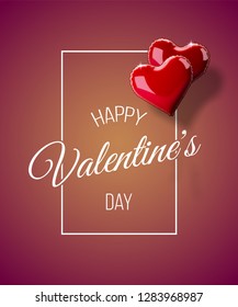 Valentine's day abstract background with red 3d heart-shaped balloons. Vector holiday illustration. Happy Valentine's Day greeting lettering