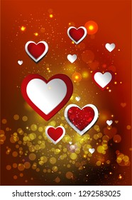 Valentine's day abstract background with red and white hearts with festive light