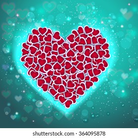 Abstrakter Valentinstag-Hintergrund mit roten und weißen Herzen mit festlichem Licht
