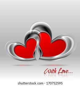 Valentine's Day abstract background. Two vector glossy hearts