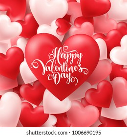 Valentines day abstract background. White, red, pink 3d heart. February 14, love. Romantic wedding greeting card.