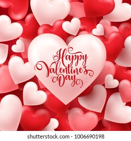 Valentines day abstract background. White, red, pink 3d heart. February 14, love. Romantic wedding greeting card.