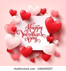 Valentines day abstract background. White, red, pink 3d heart. February 14, love. Romantic wedding greeting card.