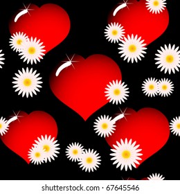 Valentine's day abstract elegance black background with red glass hearts and flowers. Seamless pattern. Vector illustration.