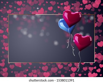 Valentine's day abstract frame with red 3d heart-shaped balloons. Vector holiday illustration. Happy Valentine's Day background