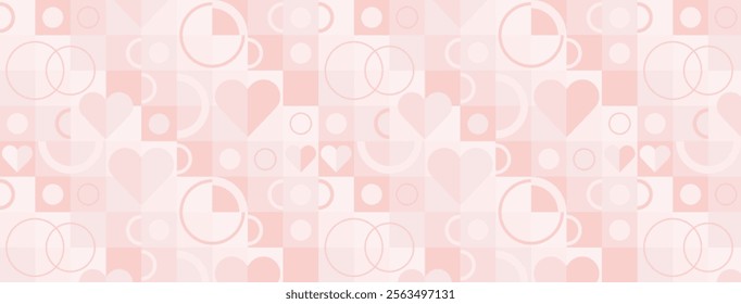 Valentine's day abstract geometric seamless pattern in Bauhaus style. Mosaic minimalist background, banner, template with simple shapes, hearts, flower, stars.