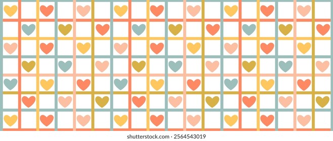 Valentine's day abstract geometric seamless pattern. Mosaic minimalist background, banner, template with simple shapes, hearts.