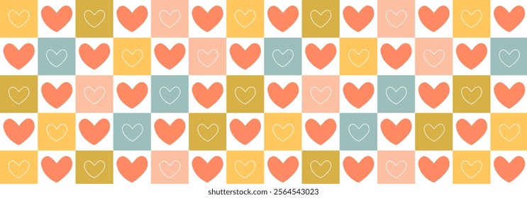 Valentine's day abstract geometric seamless pattern. Mosaic minimalist background, banner, template with simple shapes, hearts.