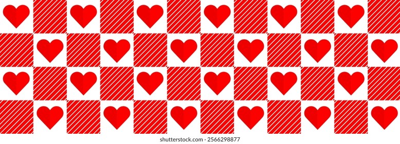 Valentine's day abstract geometric seamless pattern bauhaus. Mosaic minimalist background, banner, template with simple shapes, hearts.