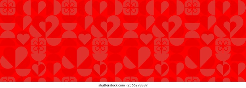 Valentine's day abstract geometric seamless pattern bauhaus. Mosaic minimalist background, banner, template with simple shapes, hearts.