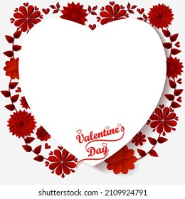 Valentine's Day. Abstract heart with red paper flowers on the background. Square template design for banners, flyers, greeting cards, social media. Vector illustration isolated on white background