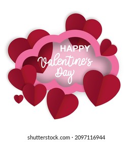 Valentine's Day abstract pink cloud background with paper hearts. Vector illustration