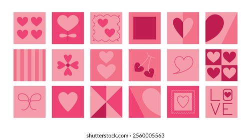 Valentine's day abstract pink geometric blocks. Y2k glamour background. 2000s. Girly doll mood. Hearts, bows, shapes . Backdrop, banner, cover, card.