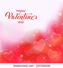 Valentine's day abstract romantic background in red, pink and white with hearts, ribbons and hand lettering. Tender template for postcard, newsletter, banner, wedding invitation. Vector illustration