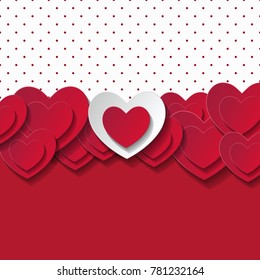 Valentine's day abstract romantic background with cut paper hearts. Vector illustration. Paper hearts cut from paper. International holiday of lovers. Festive banner or poster