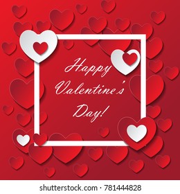 Valentine's day abstract romantic background with cut paper hearts. Vector illustration. Paper hearts cut from paper. International holiday of lovers. Festive banner or poster